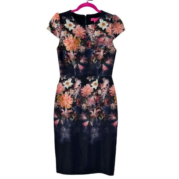 Betsey Johnson Floral Cap Sleeve Jewel Neck Knee Length Dress Navy Size 2 - Picture 4 of 11